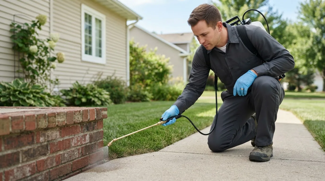 Pest control technician treating a home near Mounds, OK