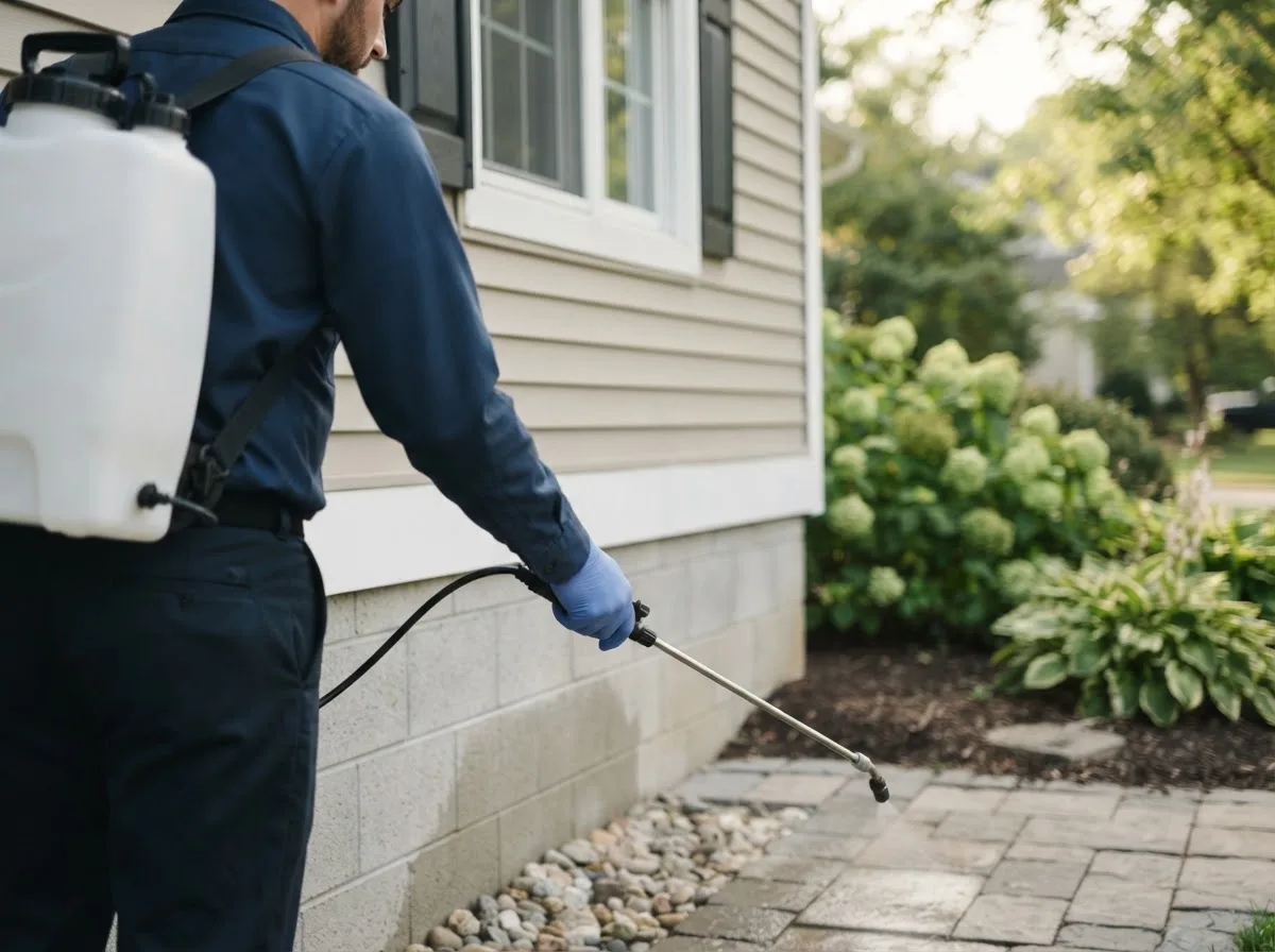 Pest control technician inspecting a home in Mounds, OK